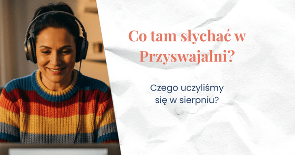 Kobieta ze słuchawkami na uszach w kolorowym swetrze. Kobieta wpatruje się w ekran swojego komputera. Jej twarz oświetla zachodzące słońce.
